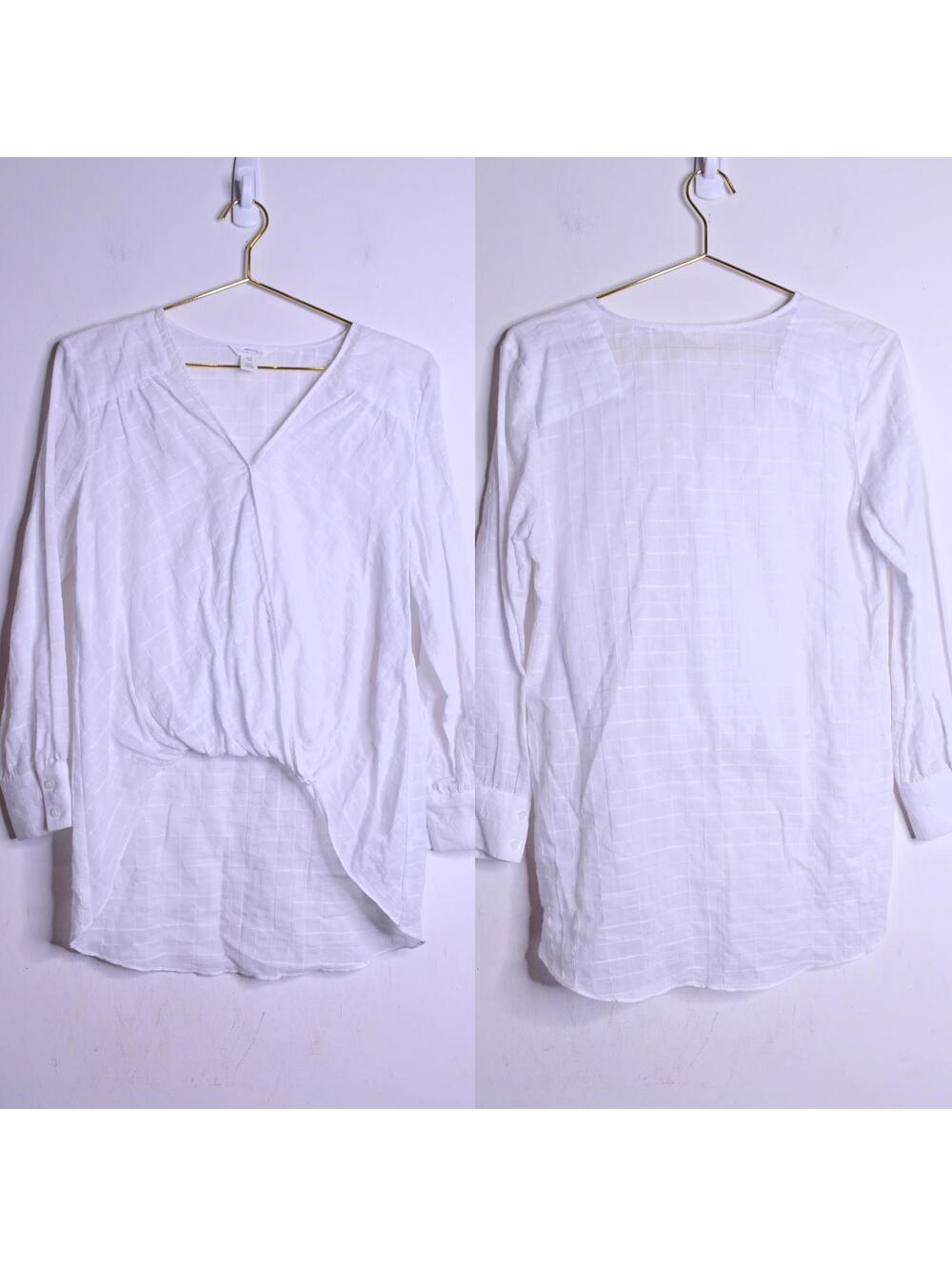 Caslon White Cotton Hi Low V Neck Long Sleeve Plaid Blouse - XXS
